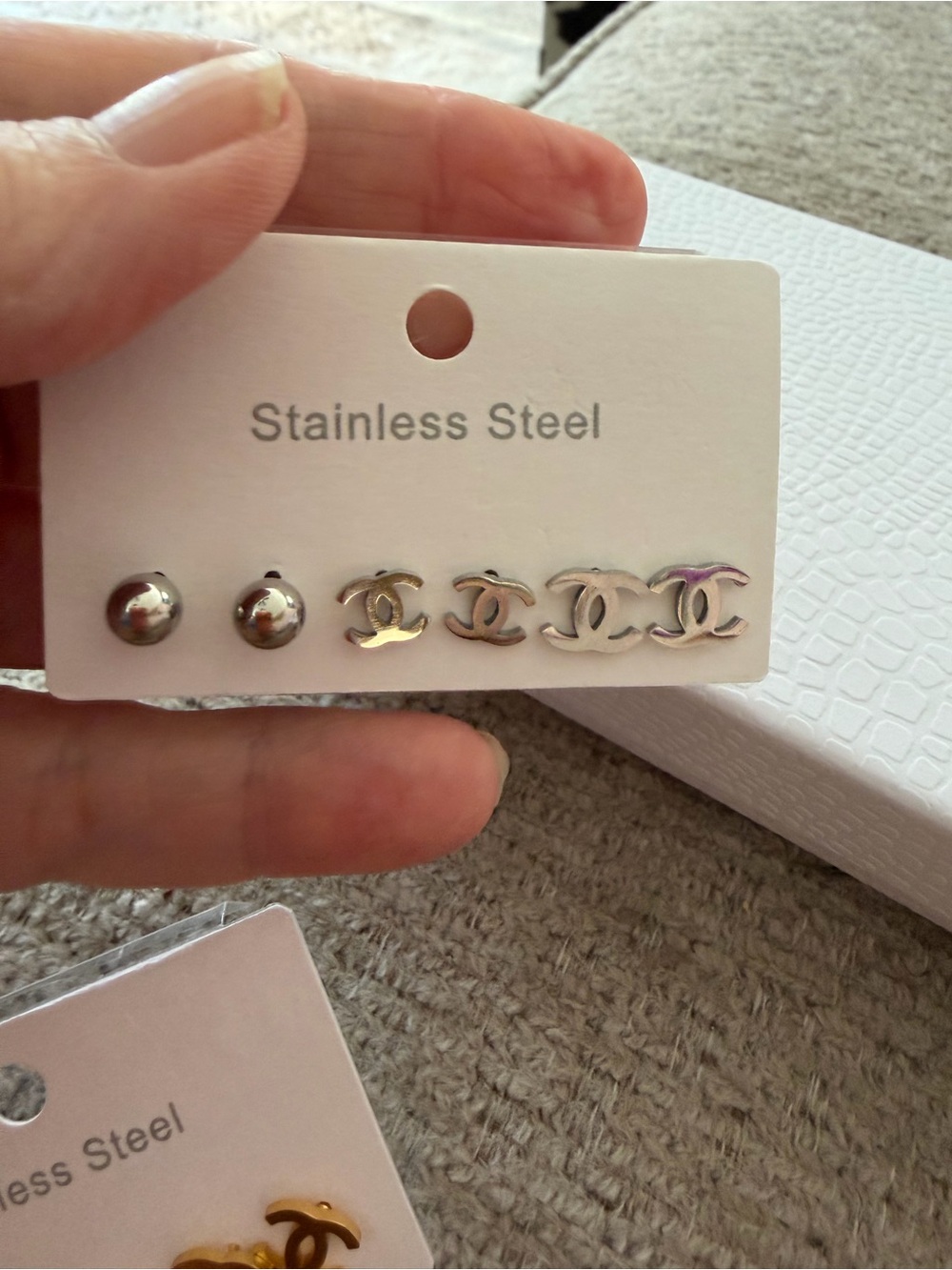 One gold & one silver tone set of post earrings, stainless steel (6 pc per set) - Picture 3 of 7
